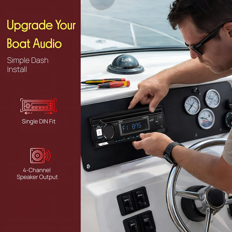 Pyle Marine Bluetooth Stereo Radio - 12v Single DIN Style Boat In dash Radio Receiver System with Built-in Mic, Digital LCD, RCA, MP3, USB, AM FM Radio - Remote Control - PLMRB29B (Black) Black