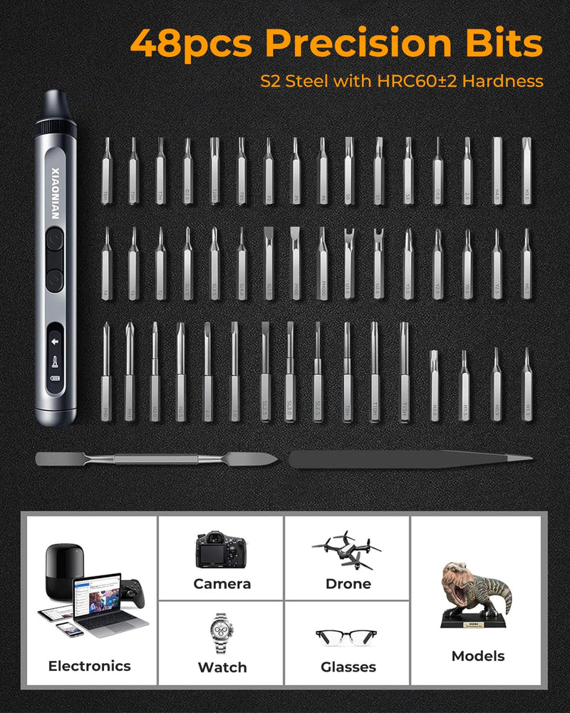  [AUSTRALIA] - 52 in 1 Electric Screwdriver Set,XIAONIAN 3.7V Mini Precision Screwdriver Set with 48 S2 Magnetic Bits,USB-C Charging Cable,LED Light,Small Repair Tool Kit for Phone,Watch,Eyeglasses,PC,Camera,Laptop 3-electronic-52 in 1