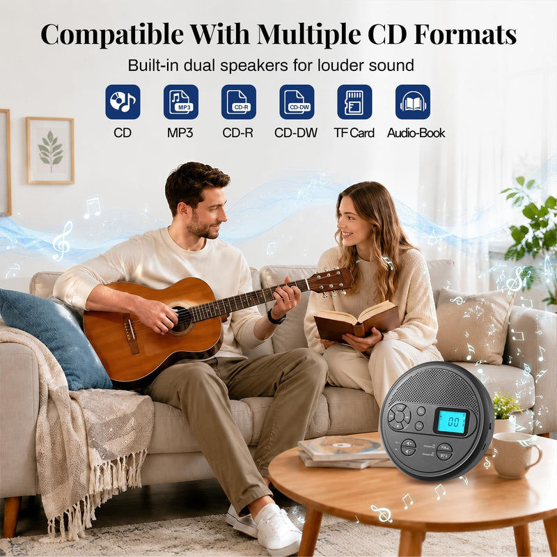 Portable CD Player with FM Transmitter, Bluetooth, Timer, USB, AUX | Rechargeable Music Player with Anti-Skip, Stereo Speakers, LCD Display, Includes Headphones for Use at Home or in Car, Grey