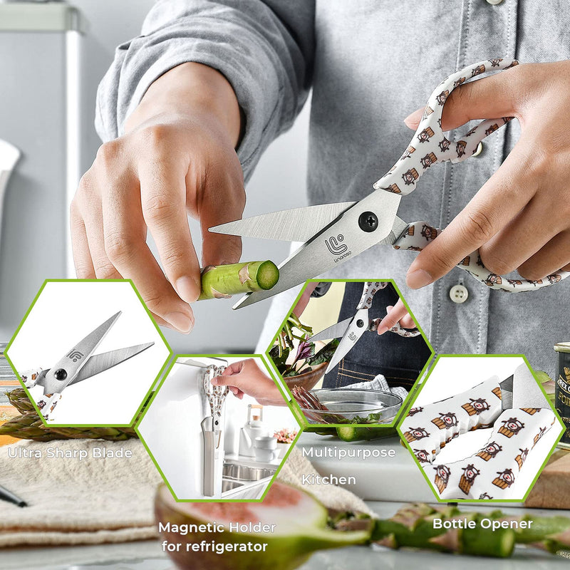 Linoroso Kitchen Scissors Heavy Duty Kitchen Shears with Magnetic Holder Made with Japanese Steel 4034, Multipurpose Ultra Sharp Cooking Scissors for Meat/Vegetables/BBQ/Herbs/Pizza (Graphic,Cow) White/Cow