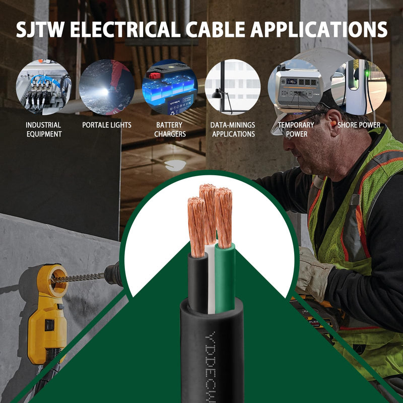 10ft 10/3 10 AWG SJTW 300V Wire (3 Conductor) - 10 Gauge SJTW Cable with UV-Resistant Jacket for Motor Leads, Battery Chargers and Machine - 3 Conductor - 10 Feet Electrical Wire 10AWG(3 Conductor)