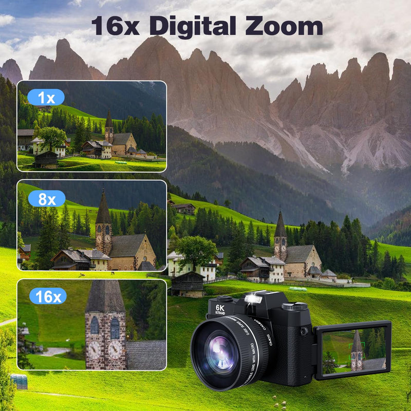 6K 64MP Digital Camera for Photography Vlogging Camera for YouTube, 180° Flip Screen, 16X Zoom Autofocus, Compact Travel Beauty Camera for Teens, with 52mm Lens, 2 Batteries, 32GB SD Card
