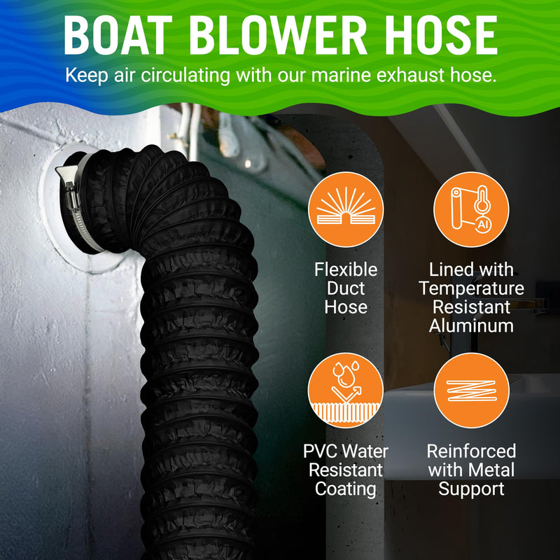 Boat Blower Hose, 4 Inch Marine Exhaust Hose, 10 Ft Flexible PVC Duct for Bilge, Engine Compartment, Galley, Head, or Dryer Vent, Black