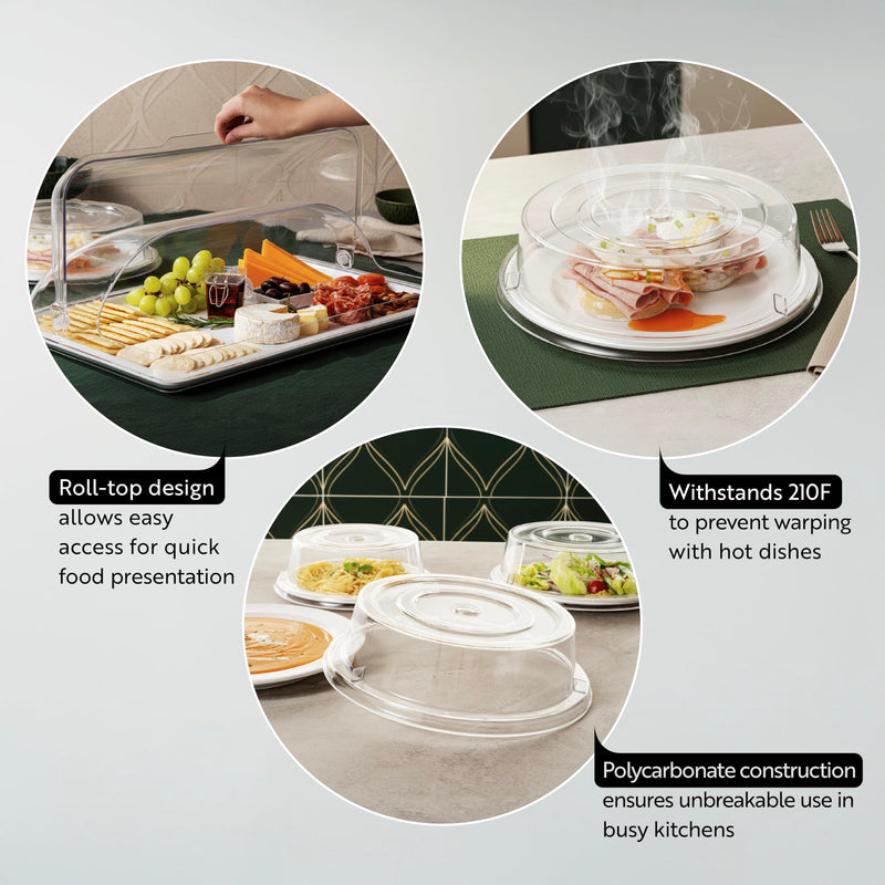 Restaurantware Cater Tek 11 Inch Polycarbonate Plate Cover 1 Shatterproof Dish Cover - Microwavable Endures Up To 210F Clear Plastic Splatter Cover With Finger Hole For 11 Inch Plates 1 Count 11"