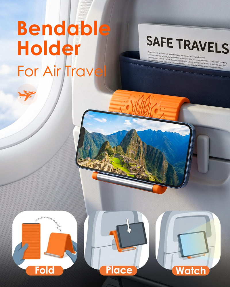 Airplane Phone Holder, Flexible Silicone Aluminum Phone Holder | Folding Cellphone Stand for Desk, Bed, Office, Treadmill - Airplane Gadgets for Long Travel Accessories - Plane Essential Orange