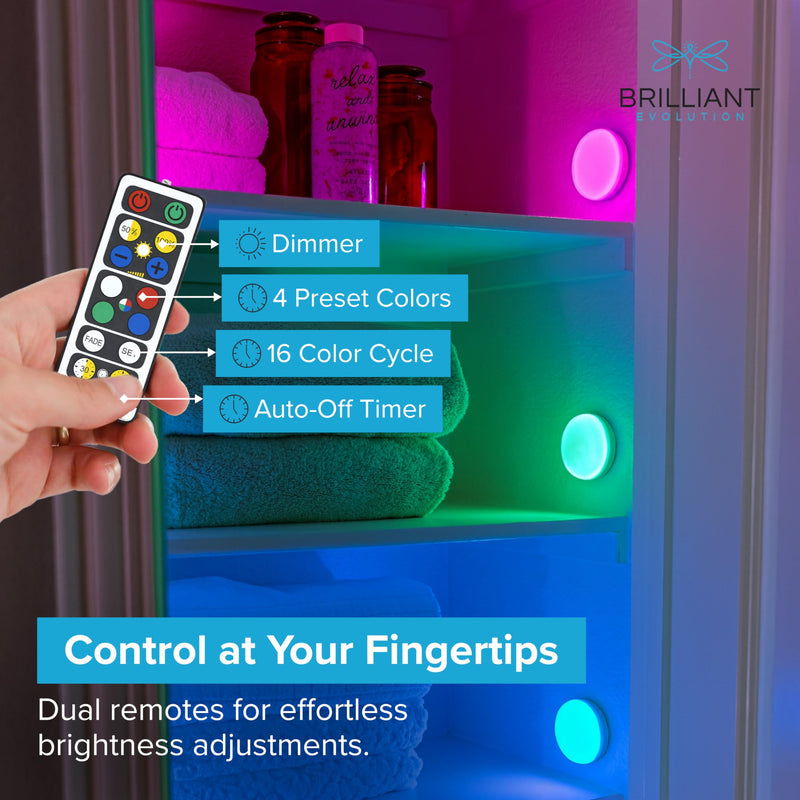 Brilliant Evolution 6-Pack Wireless RGB LED Lights - Battery Operated Puck Lights with 2 Remotes - Color-Changing LED Under Cabinet Lighting - 55 Lumens Each Night Light for Cabinets, Shelves, Walls