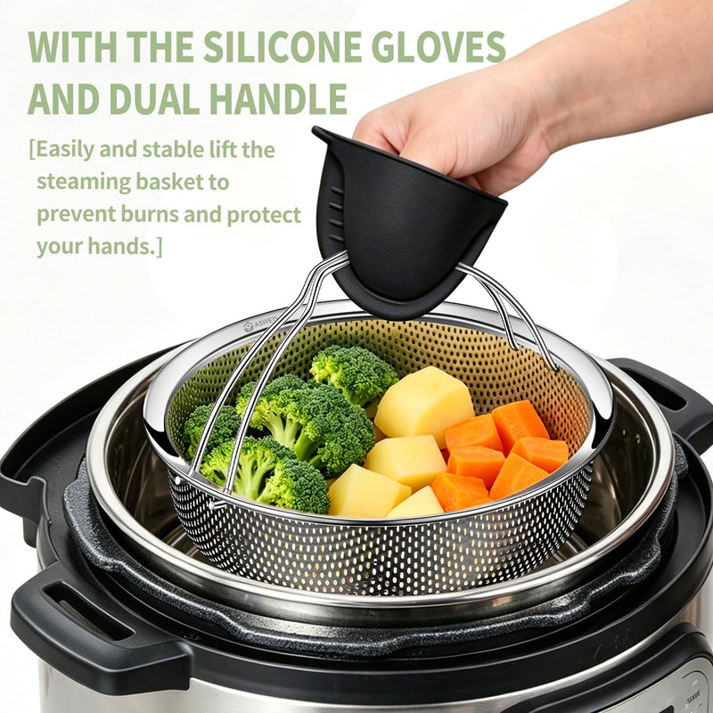 Stainless Steel Steamer Basket with Handle and Glove, ASWETMEL Steamer for Cooking Vegetables, Seafood, Dumplings, Instant Pot Accessories Compatible 6/8/10QT Steamers Basket for Pot, Pressure Cooker, Rice Cooker, Dishwasher Safe Large