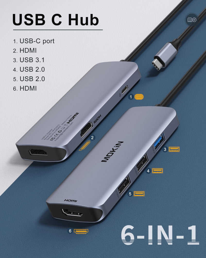 MOKiN USB C Docking Station Dual Monitor 2 HDMI for Dell/Lenovo/HP Laptop | USB C Hub 2 Monitors Dual HDMI 4K@60HZ, 2 HDMI, USB A 3.1/2*USB A 2.0/USB C Charging Port 6 in 1 USB C Dock