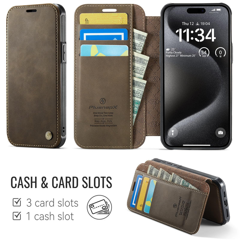 for iPhone 15 Pro Max Slim Wallet Case Wireless Charging, Brown | Compatible with Magsafe, RFID Blocking Card Holder, Magnetic Closure, Shockproof, PU Leather, Phone Flip Cover, for Men Women for iPhone 15 Pro Max