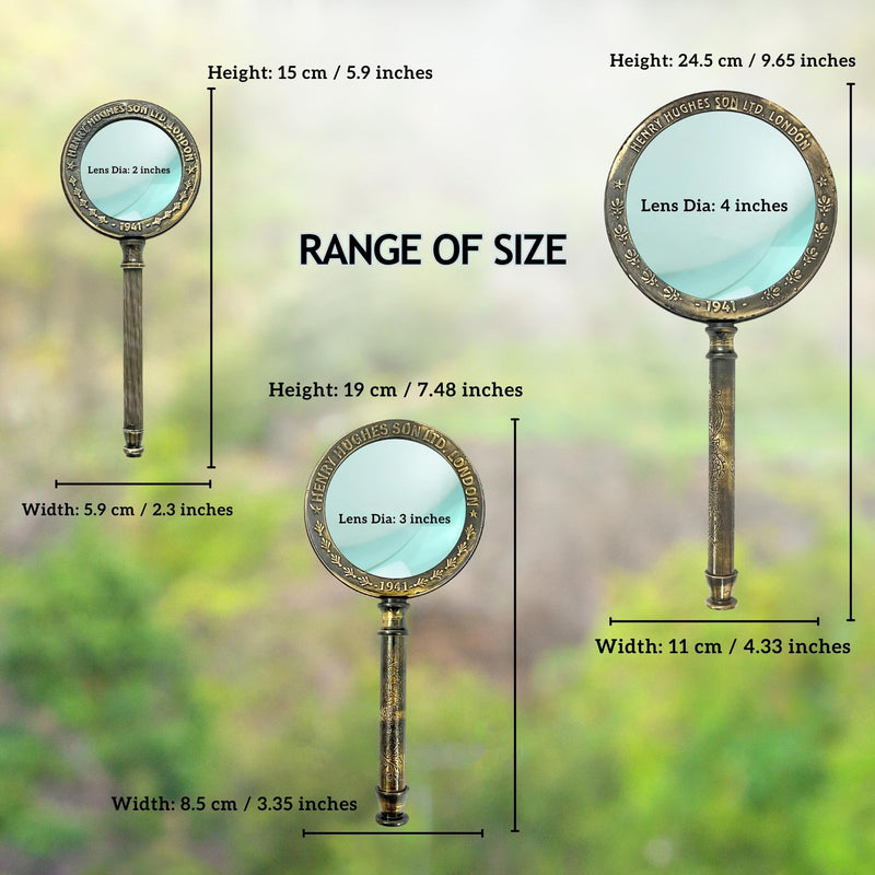 Large 10x Brass Magnifying Glass by The Magic Bella – Antique Henry London Engraved Solid Brass Magnifier with Optical Lens, Vintage Marine Style, Leather Case for Reading & Coins Large