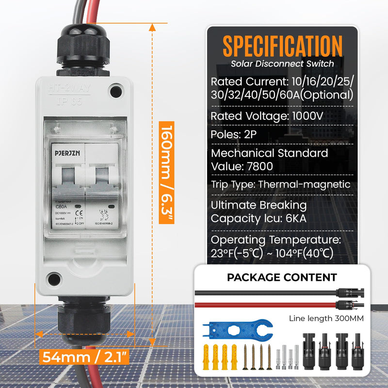 Solar Panel Disconnect Switch 1000V 60A PV Disconnect Switch Outdoor Miniature Circuit Breaker IP65 for Solar PV Homes Battery (1000V 60 Amp)