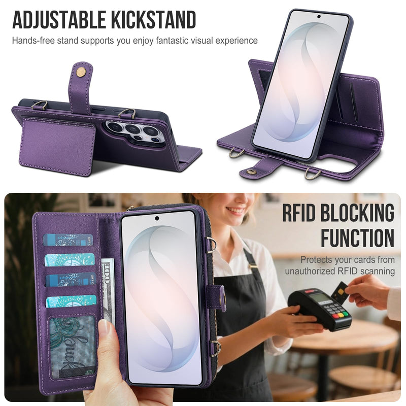for Samsung Galaxy S26 Ultra Detachable Wallet MagSafe Case, Purple | PU Leather,RFID Blocking,Zipper Purse,11 Card Slots,Crossbody Strap,Kickstand,Shockproof,Flip Cover,Magnetic 3in1 Phone Case