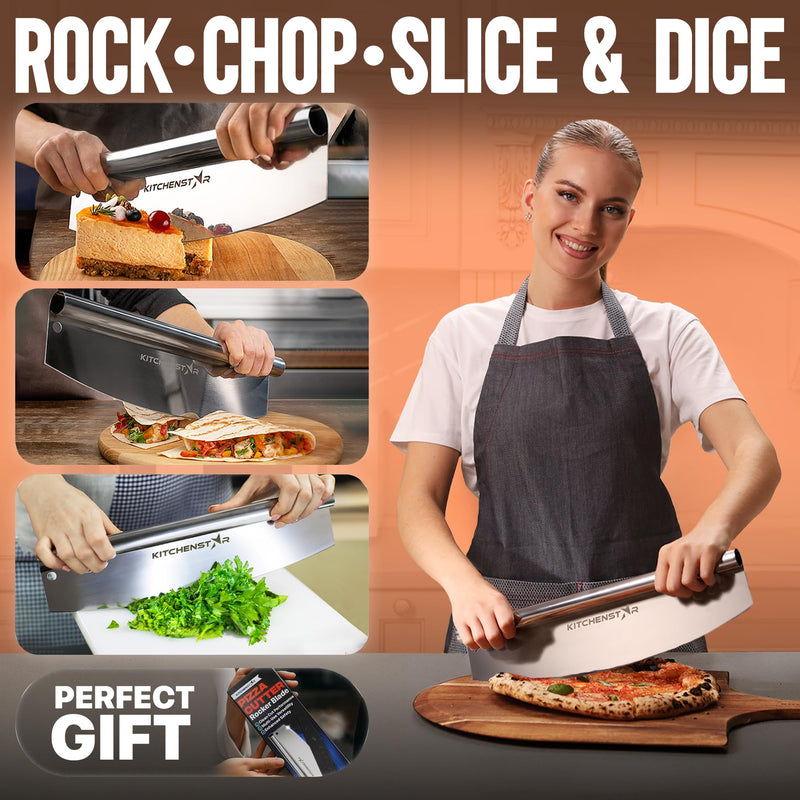 KitchenStar 16-Inch Pizza Cutter Rocker Blade - Sharp Stainless Steel Slicer Knife, Protective Cover, Dishwasher Safe, Large - Professional Pizza Oven Accessories 16 inch a) Silver