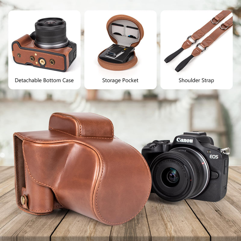 MUZIRI KINOKOO Protective Case for Canon EOS R50/R100 Camera and 18-45mm Lens, PU Leather EOSR50 R100 Camera Bag Including Half Case, Flip Cover, Shoulder Strap and Storage Pocket - Coffee