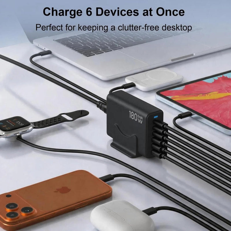 180W GaN Charging Station, 6 Port Desktop Charger, 3 Ports 45W | Fast Charging Block for Multiple Devices, 3 USB C 45W, 3 USB A 15W, Work for Samsung Galaxy, MacBook, iPhone, Home Office Black-180 3A+3C Ports