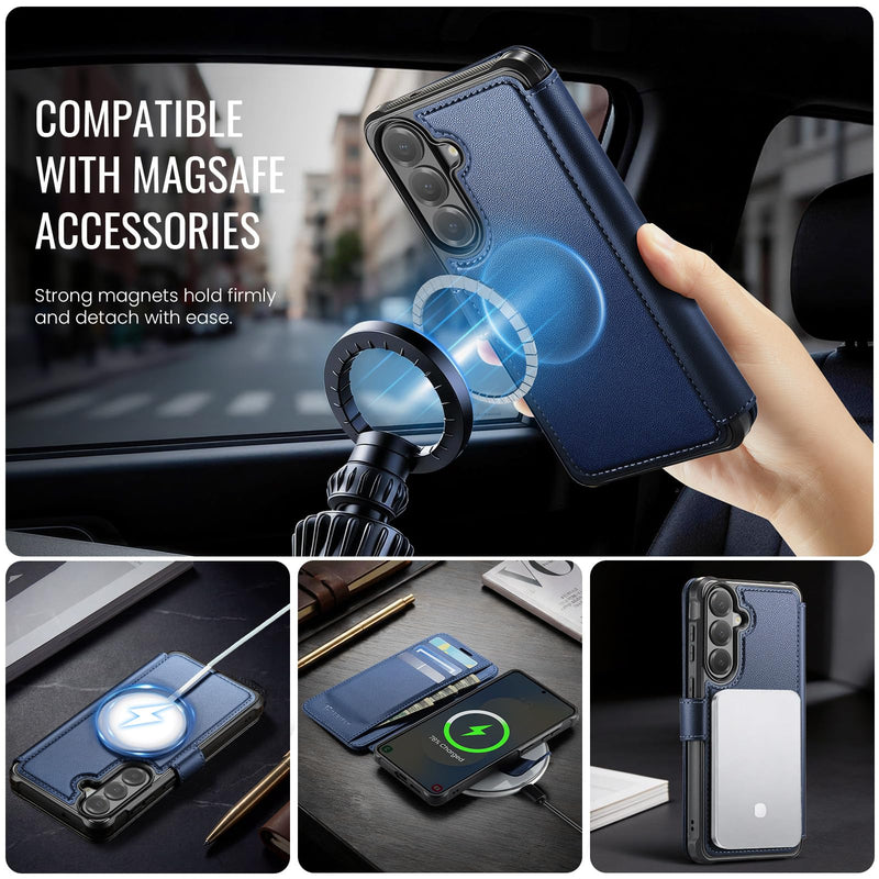 for Samsung Galaxy S26 Wallet Case Compatible with Magsafe | RFID Blocking Card Holder, Magnetic Phone Cover, Wireless Charging, Shockproof, PU Leather, for Men Women, Blue for Galaxy S26 - 6.3'' Luxury Blue