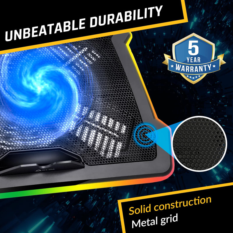 KLIM Ultimate - RGB Laptop Cooling Pad with LED Rim - New - Gaming Laptop Cooler - USB Powered Fan - Very Stable and Silent Laptop Stand - Compatible up to 17" - PC Mac PS5 PS4 Xbox One Black