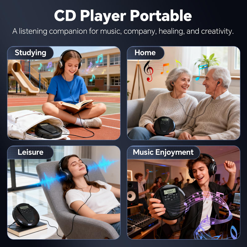 Portable CD Player with Bluetooth and Speaker, 10H Playtime Rechargeable Personal CD Player, HiFi Stereo Sound, 60s Anti-Skip Protection, PROG Playback & EQ Modes, Headphones and AUX Cable Included Black