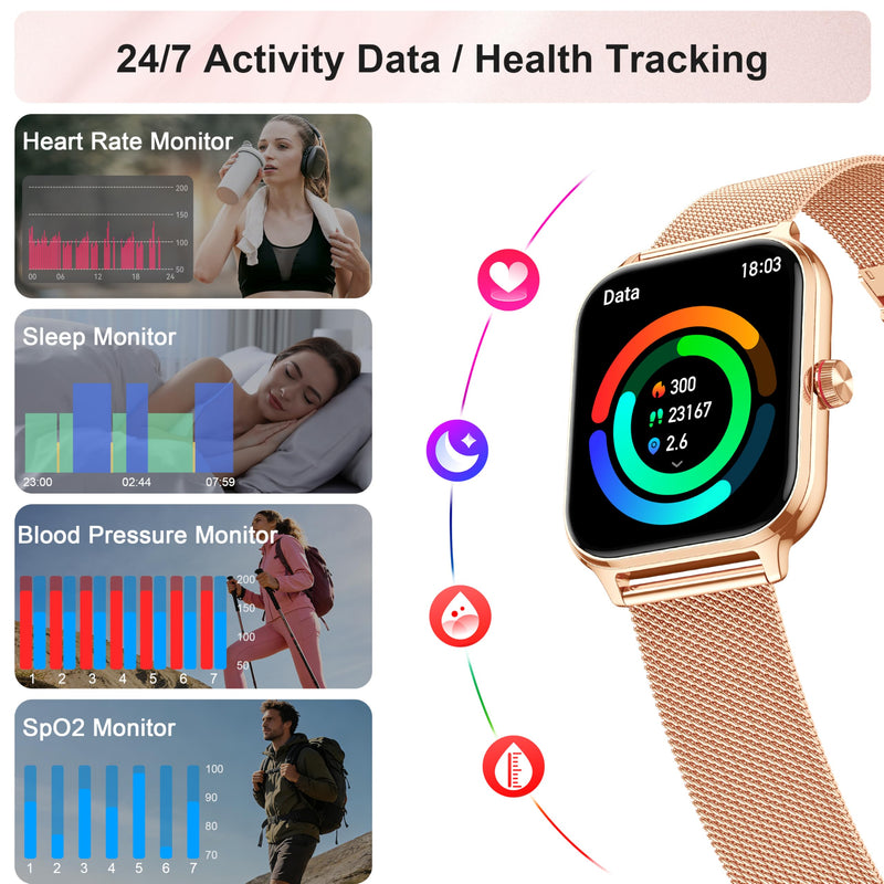Smart Watch Women Men, Answer/Make Call, 1.96'' Fitness Tracker with Blood Pressure, HR, Sleep Monitor, 110+ Sport Modes Reloj Inteligente para Mujer Smartwatch Compatible with iPhone/Samsung/Android Rose Gold