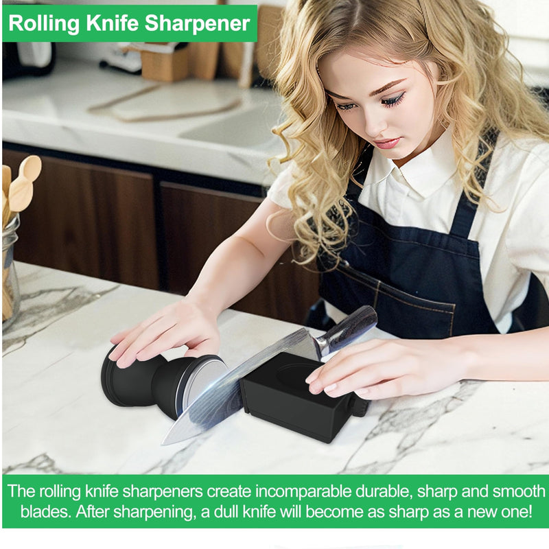 Rolling Knife Sharpener Kit - Crafted with Premium Stainless Steel | Kitchen Knife Sharpener Includes a 400 Grit Diamond Disc to Restore Sharpness and a Ceramic Disc to Polish and Smooth the Blade Black