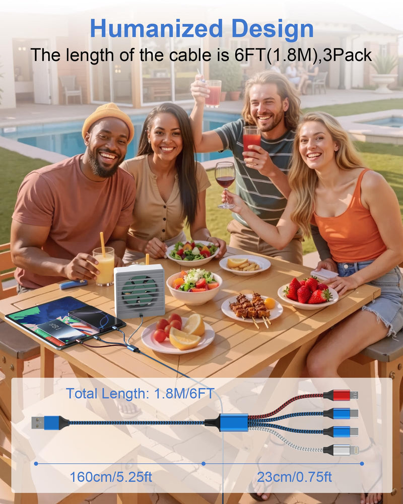 4-in-1 Multi Charging Cable (3-Pack, 6FT) - Dual USB-C, Lightning, Micro | Nylon Braided Phone Charger Cord. Universal USB Cable, Travel & Car Camping Essential for iPhone 17-8, iPad, Samsung, Android