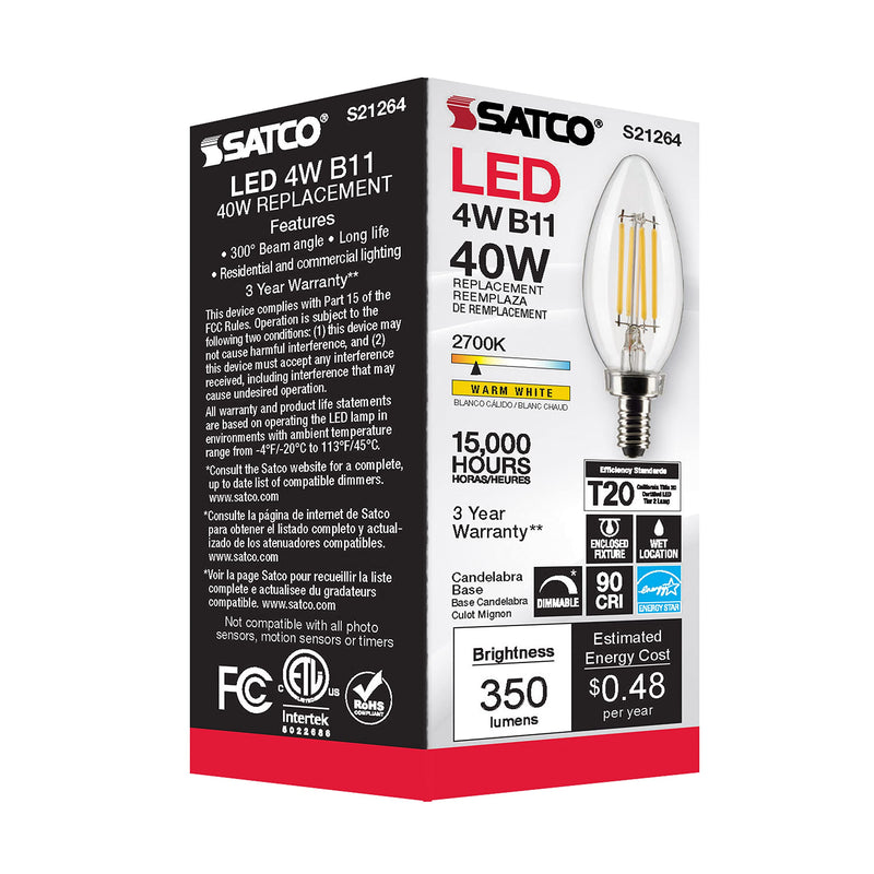 Satco S21264 4W LED Filament B11 Candle Light Bulbs, E12 Candelabra Base, 2700K Warm White, 350 Lumen, Dimmable, Wet Location, Clear, 120V, 6 Pack
