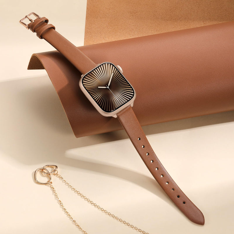 Vegan Leather Band for Apple Watch Bands for Women 40mm 41mm 42mm 38mm | Soft Slim Seamless Faux Leather Wristband, Fits iWatch Bands SE3-1 Series 11 10 9 8 7 6 5 4 3 2 1, Dressy & Fancy Brown with Rose Gold Buckle 38mm/40mm/41mm/42mm(Series 11 10)