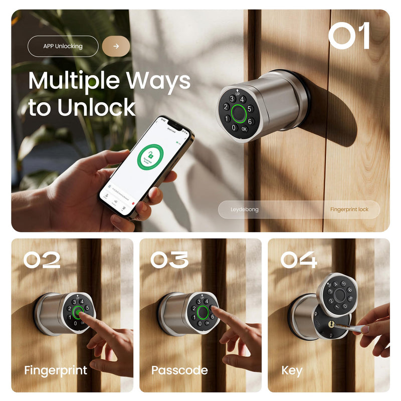Leydebong 4-in-1 Smart Door Lock with Fingerprint and Keypad - Keyless Entry Electronic Lock with App and Mechanical Key - Easy Installation Smart Door Knob for Home Office Bedroom & Apartment 1 Satin Nickel