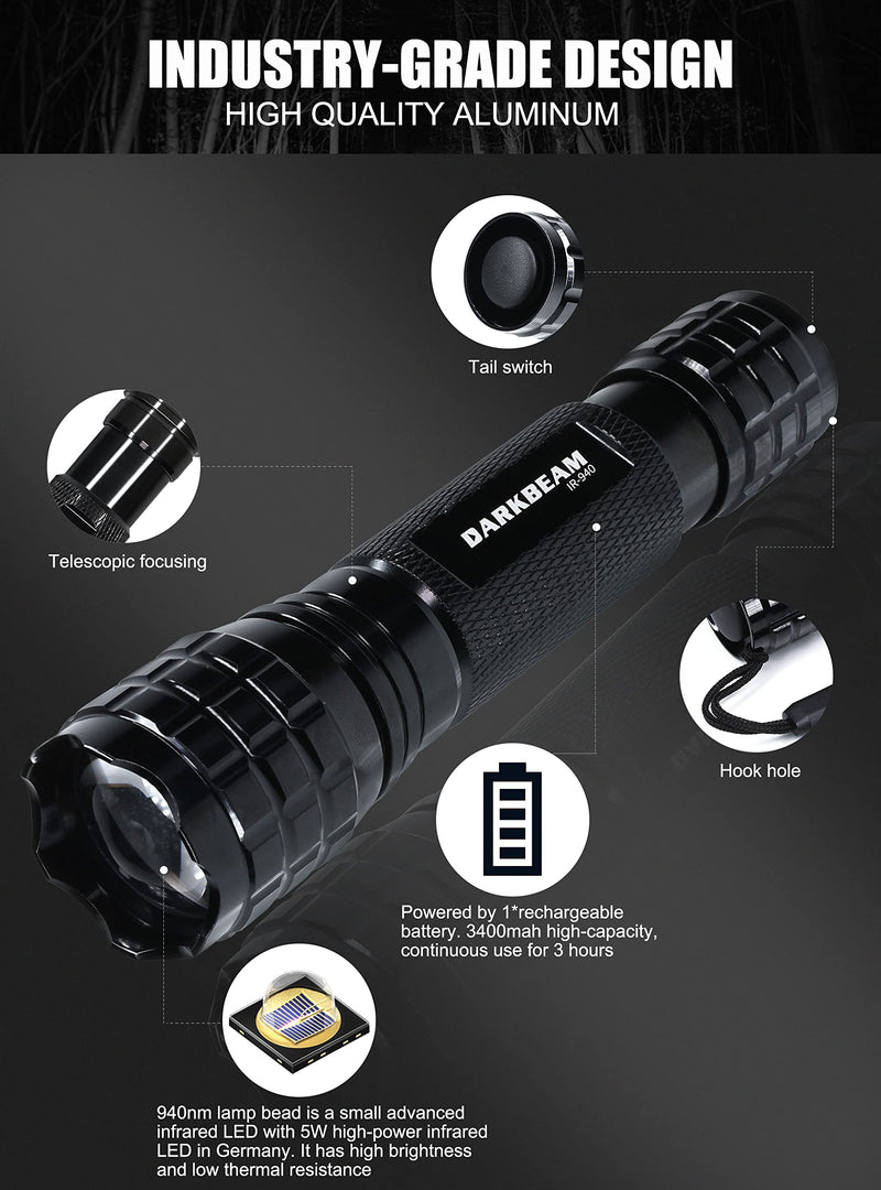 DARKBEAM ir Flashlight Infrared 940nm Lights LED Mini for Night Vision, Rechargeable Portable Tactical ir Illuminator Torch, Focus Adjustable for Hunting, Observation, Search 501F Infrared 940nm Light