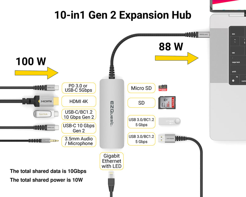 EZQuest USB-C Hub Docking Station 10 in 1 with 4K HDMI 60Hz, 1 GBS Ethernet, 2 USB C Gen 2 10Gbs, 1 PD 3.0, 2 USB-A 3.0, Audio Ports, SD/Micro SD, Compatible with USB Type C/Thunderbolt Computers 10 in 1 - Gen 2