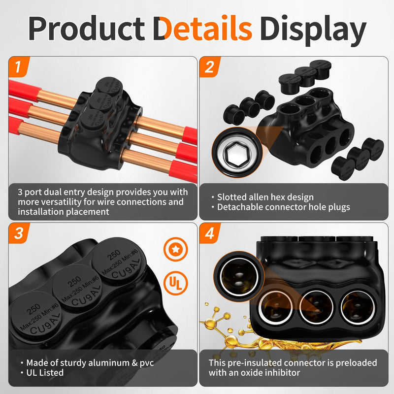 Joinfworld 3 Port Insulated Multi Tap Connector 250MCM-6 Gauge Wire Connectors Aluminum to Copper Wire Connectors Dual Entry Black Electrical Cable Connectors with Slotted Allen Hex - 4 Pack 250MCM-6 AWG