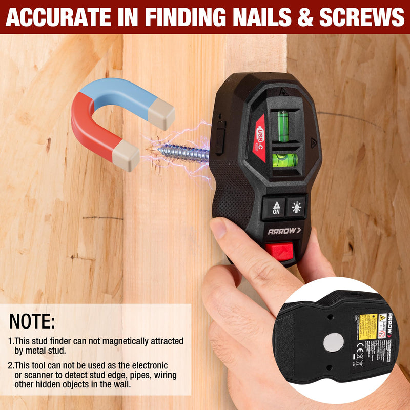 ARROW 2-in-1 Laser Level with Magnetic Stud Finder, Rechargeable Wall Scanner for Wood & Metal, Cross Line Laser with Bubble Vials for Accurate Markings, Ideal for Hanging Frames & Pictures