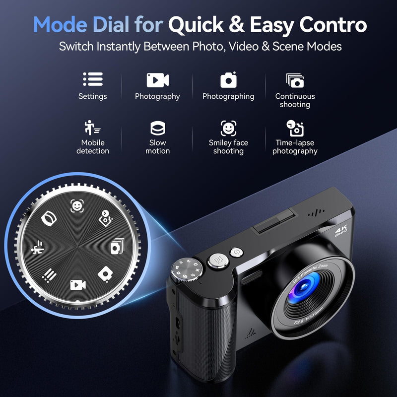 Digital Camera 4K for Photography Vlogging: 56MP Cameras with Mode Dial for Video - 16X Zoom Photo Camera Gifts for Teens Ages 8-16 - 180°Flip Screen Compact Cámara - Point and Shoot Digital Cameras