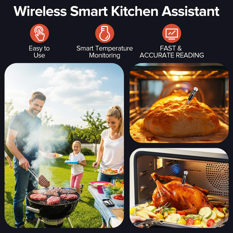 Smart Wireless Meat Thermometer with Dual Probes - Advanced Bluetooth Cooking Thermometer for Perfect Grilling, Smoking, Oven Roasting & Air Frying, Long Range Monitoring & Smart Alerts BLACK