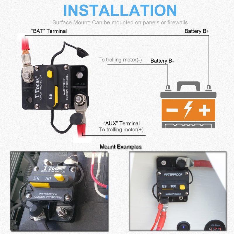 Hi-Amp 3/8“ Studs 200 Amp Circuit Breaker with Manual Reset Switchable for Boat Marine Car Audio Battery Solar System IP67, 12V - 48V DC, 200A Surface-Mount