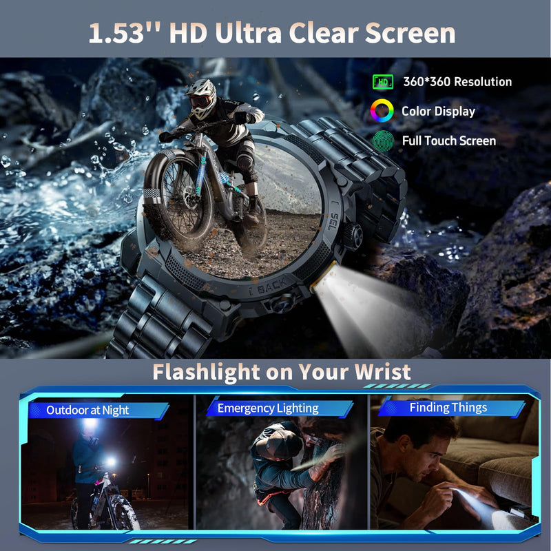Soudorv Military Smart Watch for Men, 50+ Day Battery Life, Bluetooth Call | 1.53" HD, 110+ sports modes, heart rate/sleep monitor, IP68 waterproof, Fitness Watch with LED Flashlight for iOS/Android Black