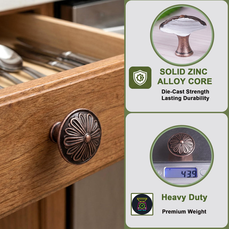 Antique Copper Kitchen Cabinet Knobs Vintage - 16 Pack Solid Zinc Alloy Single Knobs - 1.4” Round Vintage Copper Knobs for Cabinets and Dresser Drawers, Rustic Farmhouse Bathroom Cabinet Knobs Antique Copper