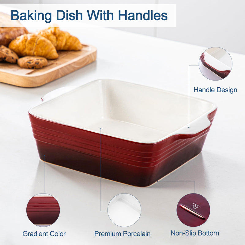 LOVECASA 8x8 inch Baking Pan, 2 Quart Square Cake Pan Baking Dish for Oven, Stoneware Brownie Pan Non-Stick, Casserole Baking Pan with Handle,Ceramic Bread Pans for Baking, Red Square/Red