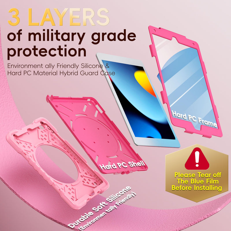 Case for iPad 9th/8th/7th Generation 10.2 inch, Shockproof Cover with Screen Protector/360° Rotate Stand/Pencil Holder/Shoulder Strap, Kids Case for iPad 2021/2020/2019 (Pink+Rose Red) Pink+Rose Red Case for iPad 9th/8th/7th Generation