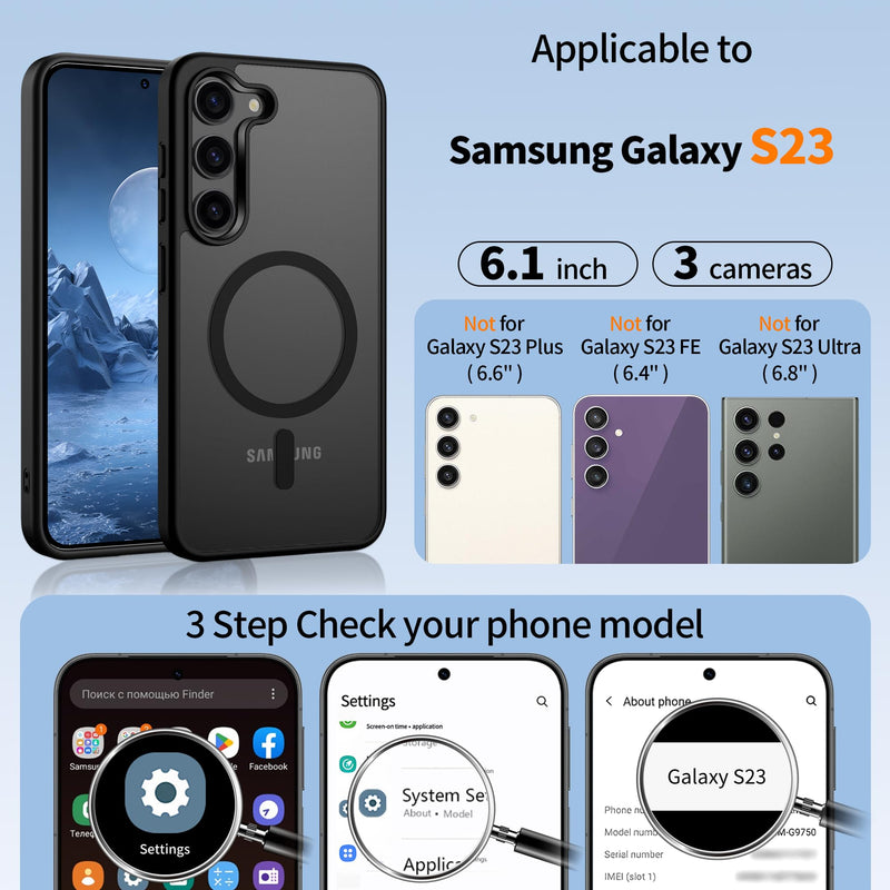 Gritup for Samsung Galaxy S23 Case with 2 PCS Screen Protector (Compatible with MagSafe)(Military Grade Protection) Slim Translucent Matte Shockproof & Anti-Fingerprint Phone Cover for S23,Black Black Galaxy S23(6.2 Inches)