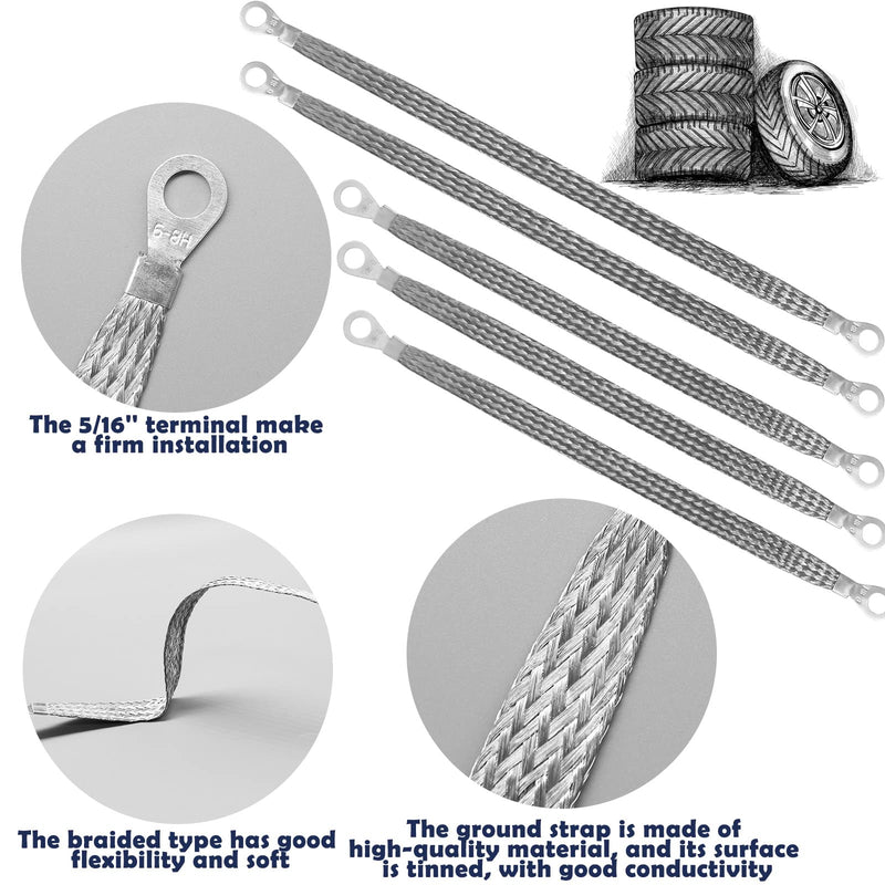 Ground Straps Automotive, 3Pcs 10" x 1/2" & 2 Pcs 13" x 1/2" Professional Vehicle Grounding Straps, Ground Engine Cable Strap Kit, Automotive Wire Ground Strap for Most Cars, Ring Terminals gray