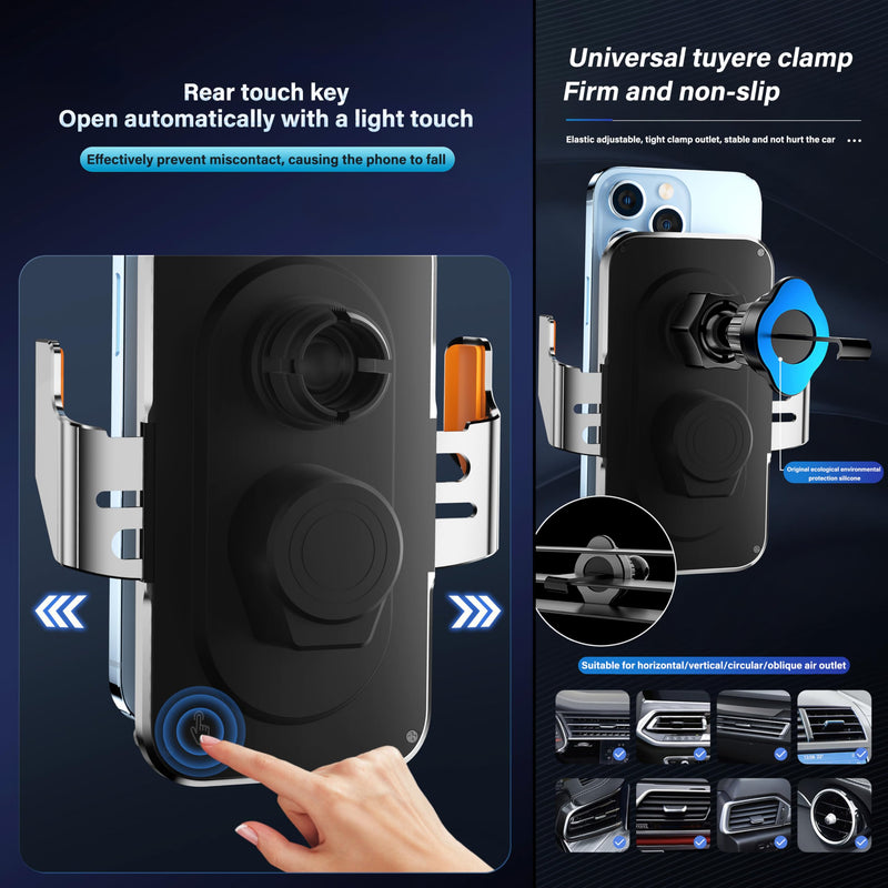 Car Phone Holder Charger Wireless Cell Phone Car Mount - 15W Fast Charging Auto-Clamping Air Vent Car Phone Mount Charger for iPhone 16 Pro Max 16 15 14 13 12 Pro and Sumsung Galaxy Series Silver