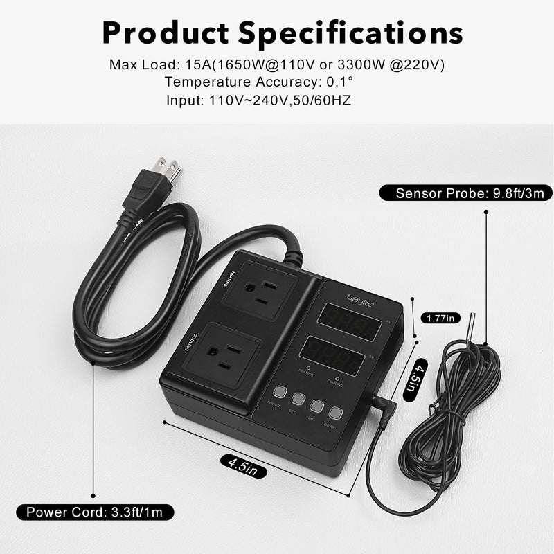 bayite Temperature Controller 1650W 15A BTC211 Dual Digital Outlet Thermostat Plug, Pre-Wired, 2 Stage Heating and Cooling Mode, 110V - 240V, Fermentation BBQ Reptile Aquarium
