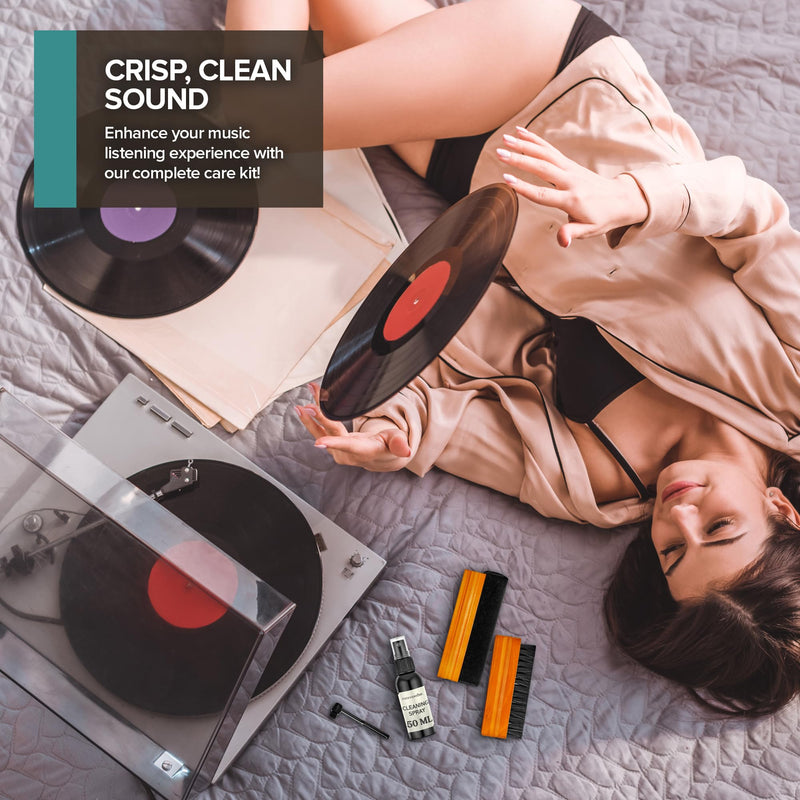 Stock Your Home 6 Piece Vinyl Record Cleaning Kit, Includes Vinyl Cleaner Spray, Anti-Static & Velvet Vinyl Record Brush, Needle Cleaning Gel & Brush, and Drawstring Duster Bag