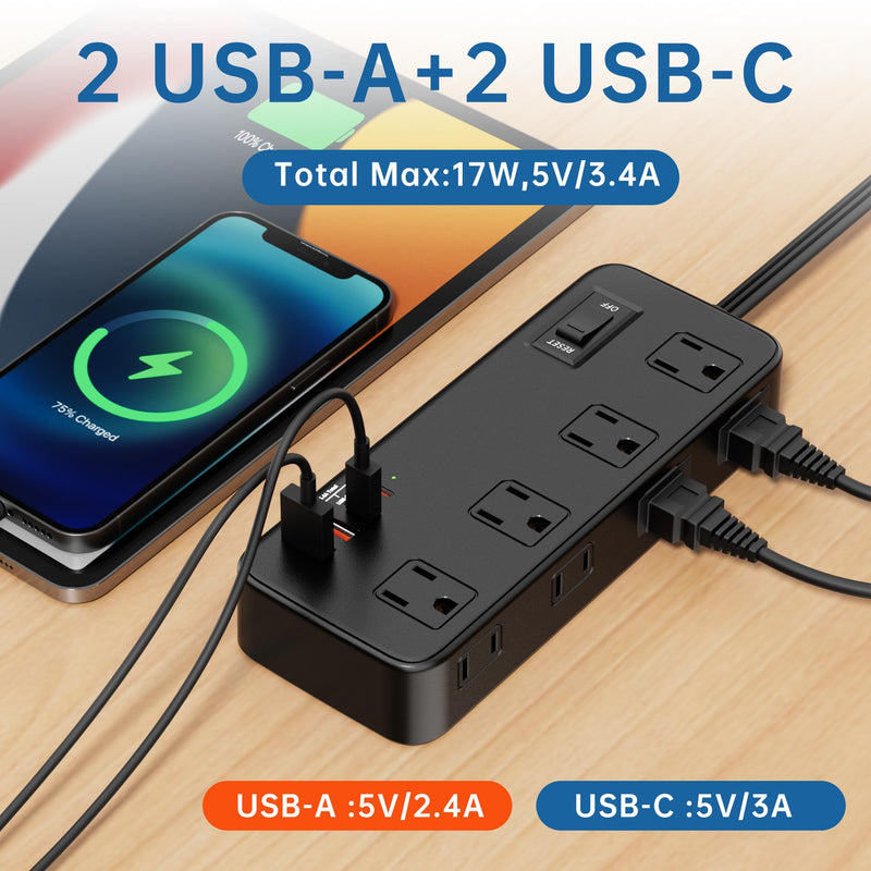 Power Strip with Surge Protector, Outlet Extender,8 AC, 2 USB A,2 USB C Port for 17W Power Strip Charger 5ft Power Cord 1875W 100-250V for Home, Office, Dorm Essential,Black