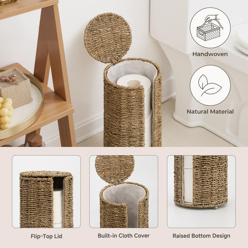 StorageWorks Seagrass Free Standing Toilet Paper Holder Stand for Bathroom, 3 Rolls of Toilet Tissue Storage with a Built-in Cloth Lining, Toilet Roll Holder Stand with Lid Natural（seagrass） 6¾"D(For 3 Roll)