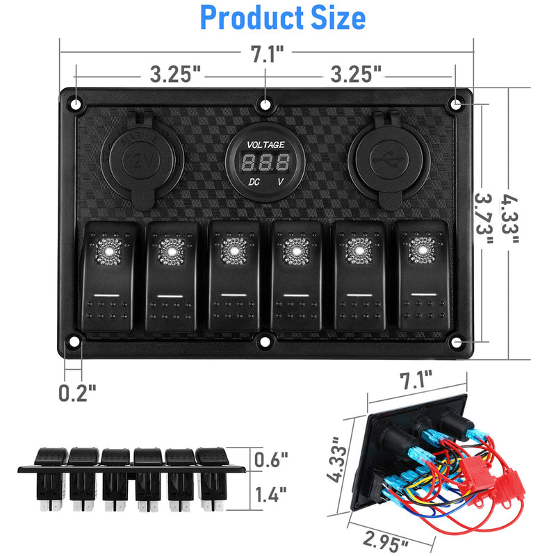 Kohree 6 Gang Marine Boat Rocker Switch Panel Waterproof + USB Switch, 12 Volt RV Led Switch Panel for Marine Boat Car Truck, Digital Voltmeter Display QC3.0 Dual USB Charger Port DC 12V Socket 12/24V
