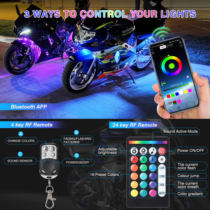 8Pods Motorcycle LED Lights Kits with Brake Turn Signal, Motorcycle LED Underglow kit with APP/RF Remote Control, Dual Zone RGB Neon Strips Multicolor 12v Waterproof for Harley Honda Kawasaki Yamaha 8Pods Kits