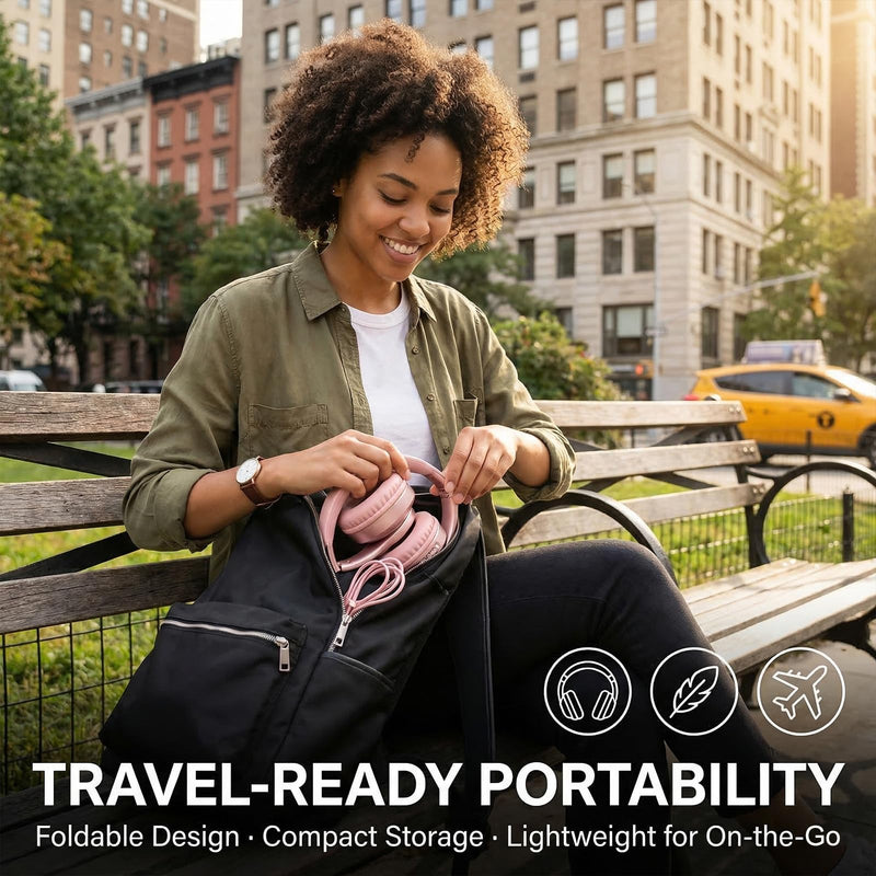 Wired Over-Ear Headphones, Mic, 3.5mm Jack, USB-C Adapter, Gold | Foldable over-ear headphones with soft cushions, inline mic, 3.5mm jack, and USB-C adapter for school, office, and travel.