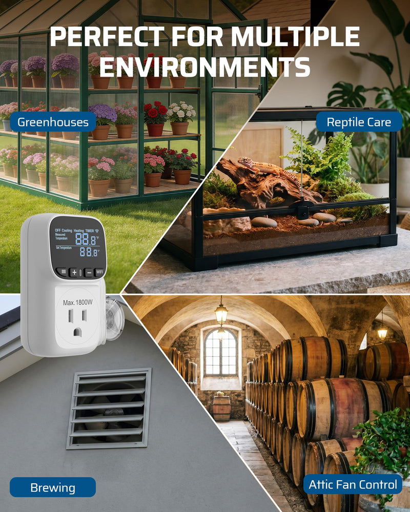 DEWENWILS Smart Temperature Controller, 15A 1800W WiFi Temperature Controller Outlet with Schedule Timer & Memory Function, VA Display & -4℉-240℉ Smart Thermostat for Reptile, Greenhouse, Incubator